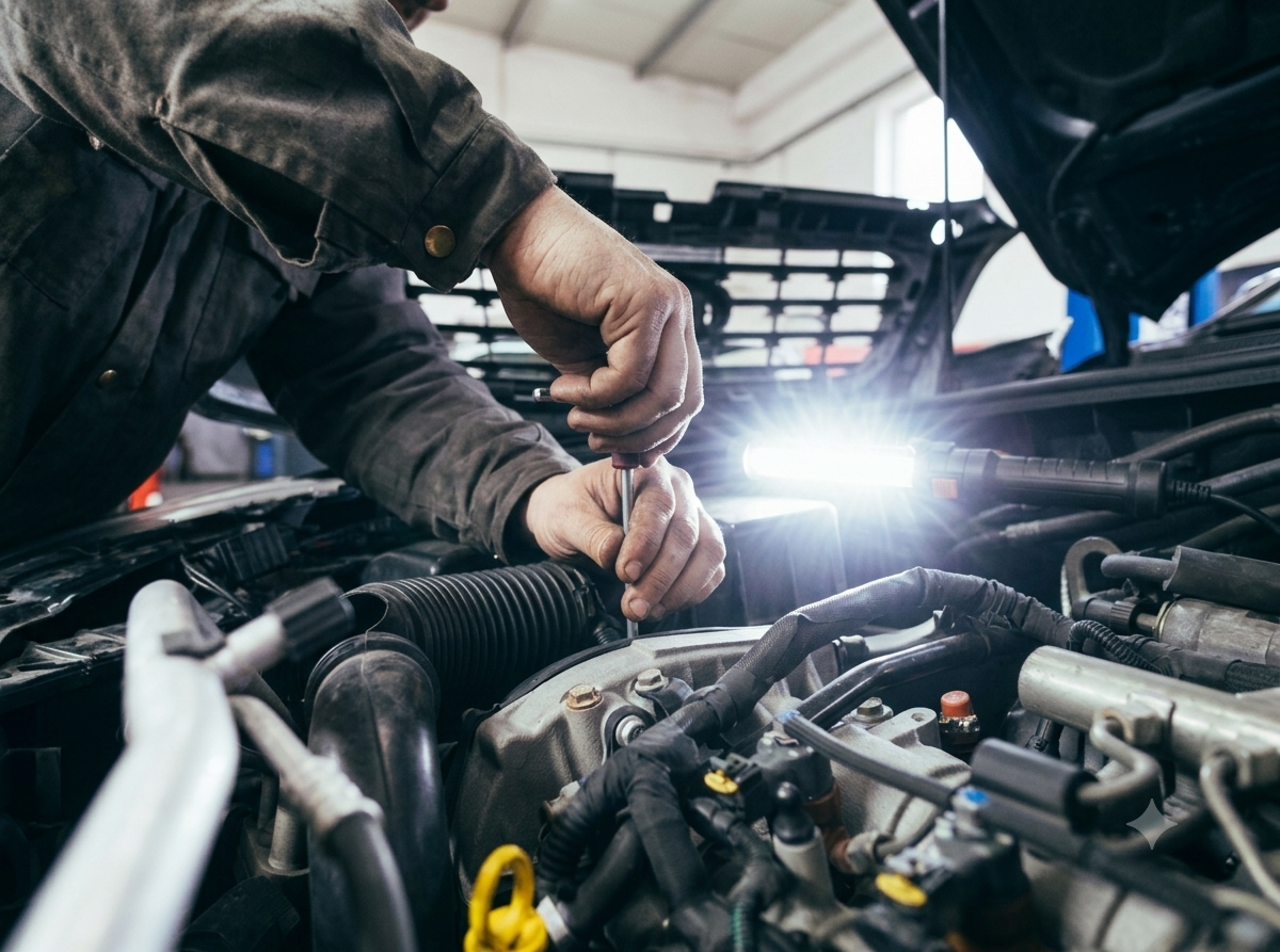 Mécanicien de Garage Flash au travail sur un moteur de véhicule