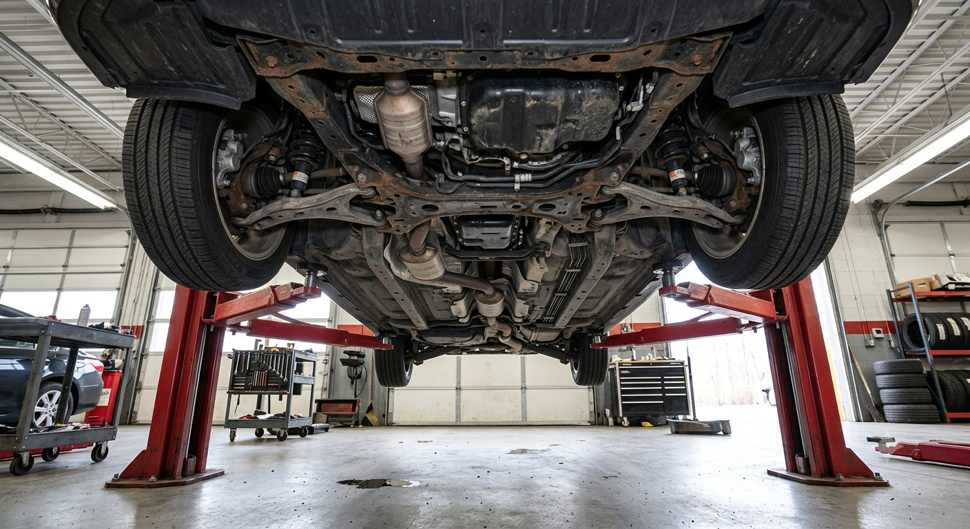 Sous-caisse d'un véhicule sur pont élévateur chez Garage Flash à Saint-Hubert